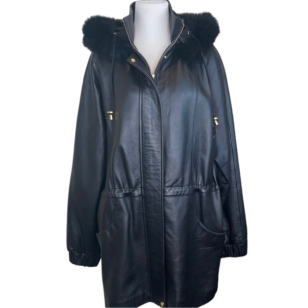 Worthington Lambskin Leather Coat Fur Lined Hood Drawstring Waist Size M - Picture 17 of 17